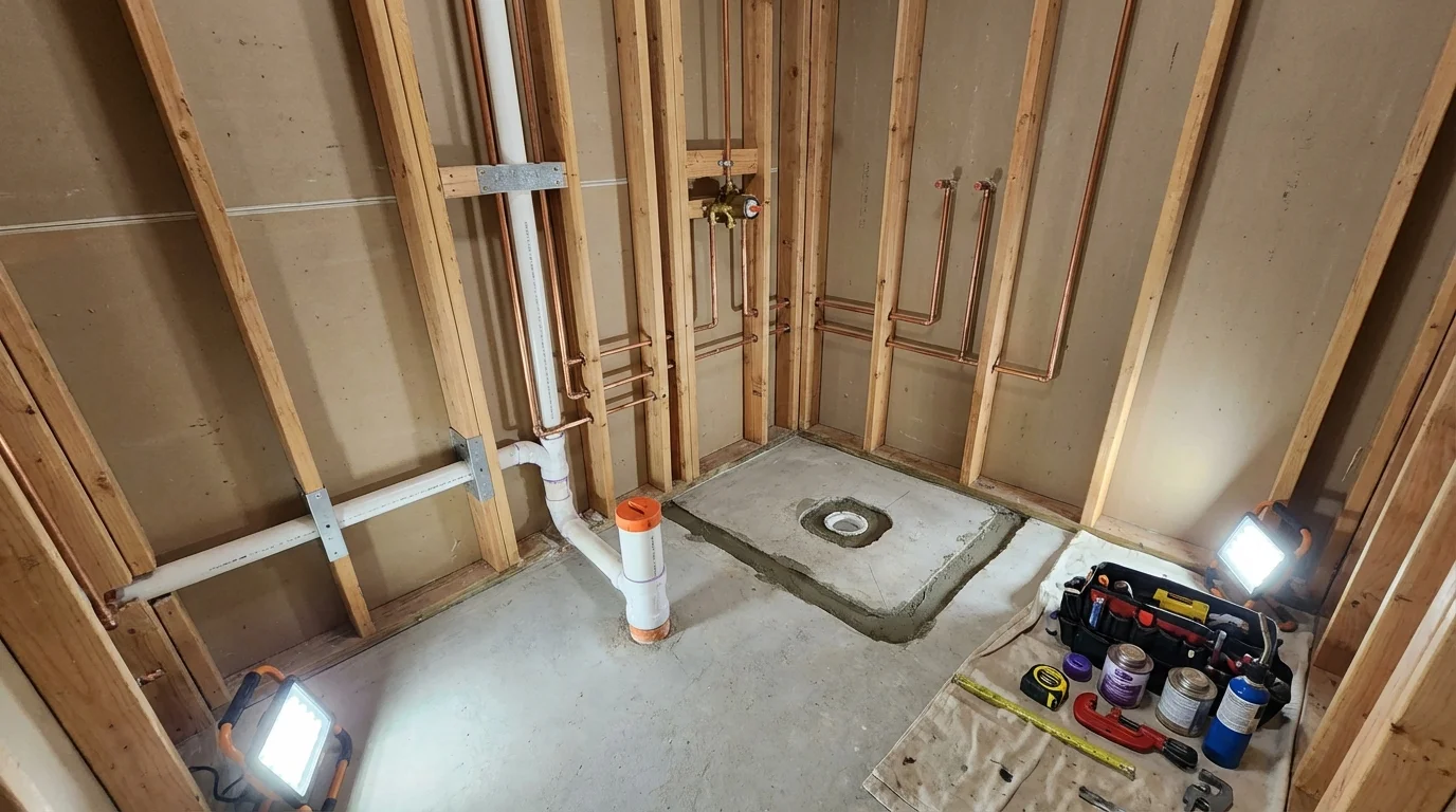 Bathroom rough-in plumbing during remodel by Johns Plumbing LLC in Eastpointe