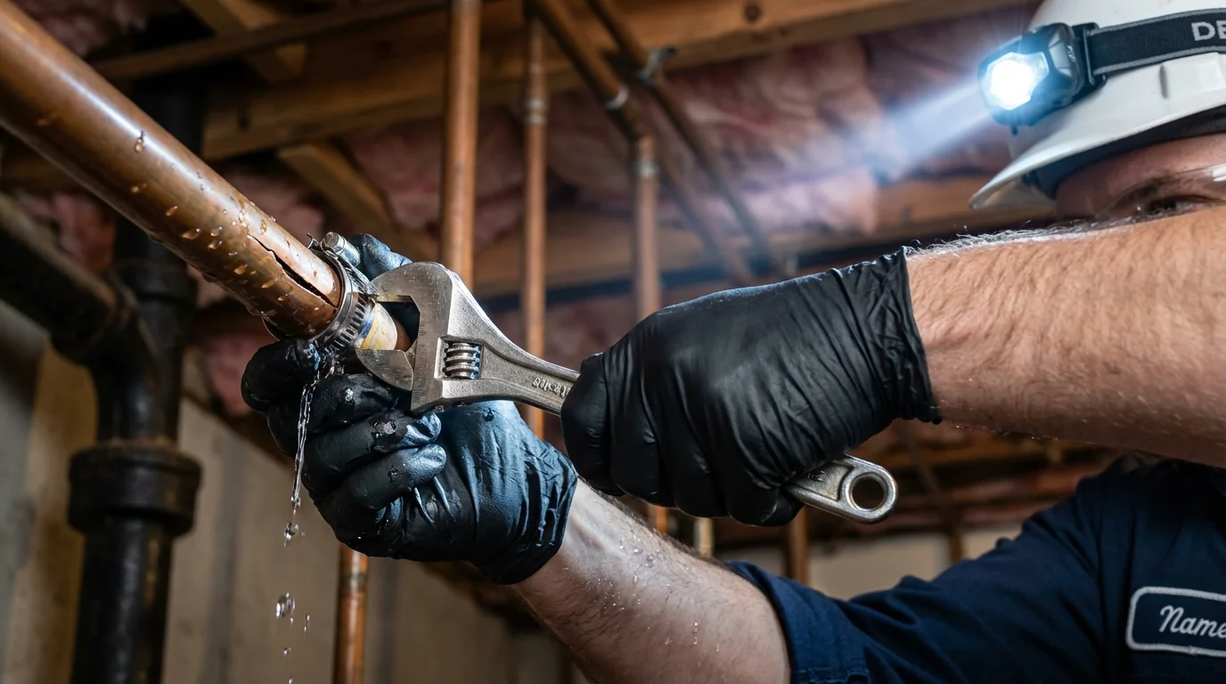 Emergency pipe clamp repair being performed by a Johns Plumbing LLC plumber in Eastpointe