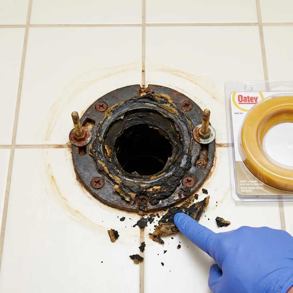 Failed wax ring showing water seepage at the base of a toilet in a Eastpointe, MI home