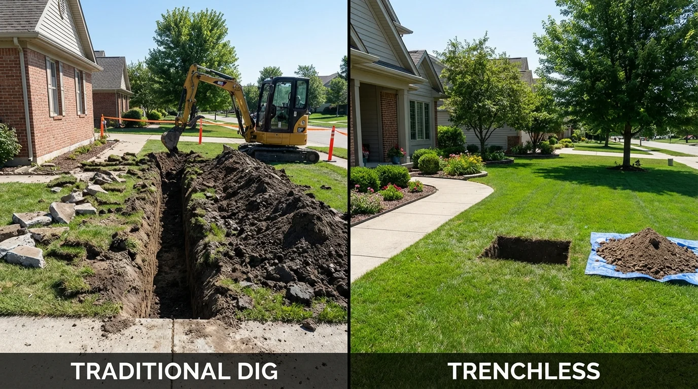 Trenchless sewer repair with minimal yard damage versus traditional excavation in Eastpointe, MI