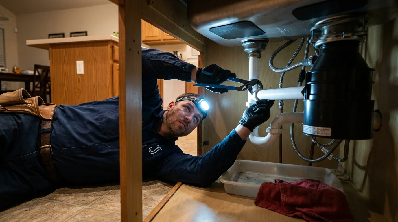 P-trap and supply line connections under a kitchen sink showing a common leak point in Eastpointe, MI